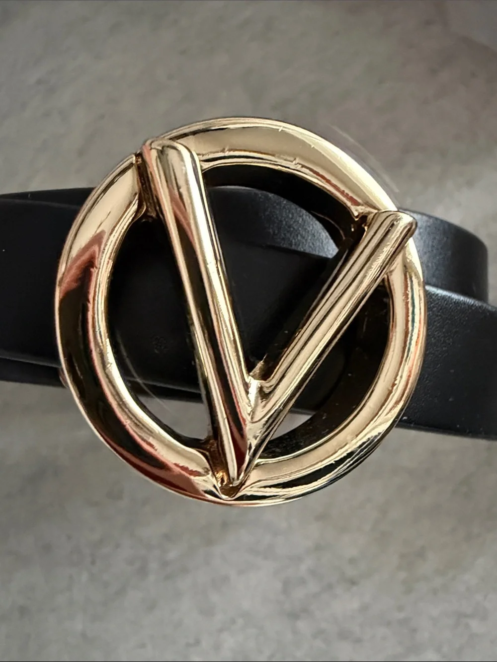 Valentino By Mario Valentino Black Leather Belt with Gold V Logo Buckle